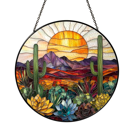Stained Glass Cactus Landscape Sunset Window Suncatcher2001