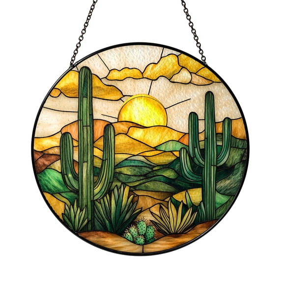 Stained Glass Cactus Window Hanging Desert Botanical Scene Decorative Glass Suncatcher for Home Interior Window Accent