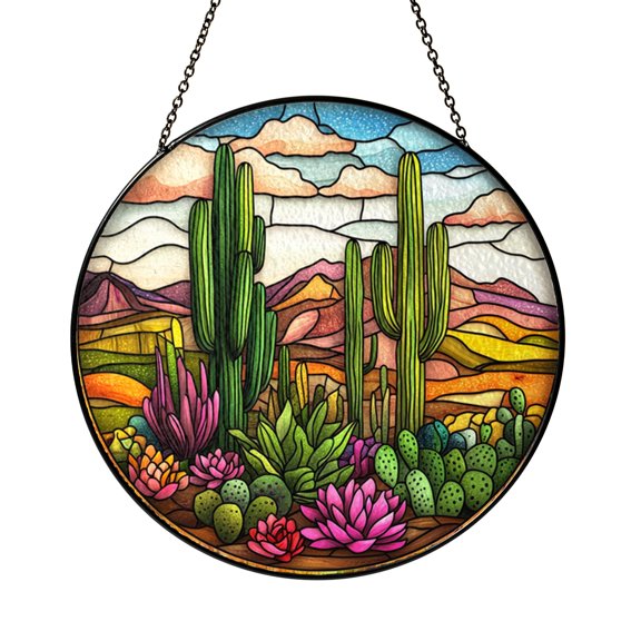 Stained Glass Cactus Window Hanging Desert Botanical Scene Decorative Glass Suncatcher