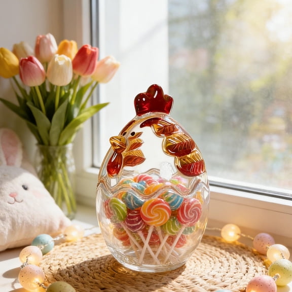 Stained Glass Candy Jar with Lid, QQZ Handcrafted Rooster Shape Storage Bowl for Dry Fruit, Multicolor Art Glass Decorative Container for Home Living Room