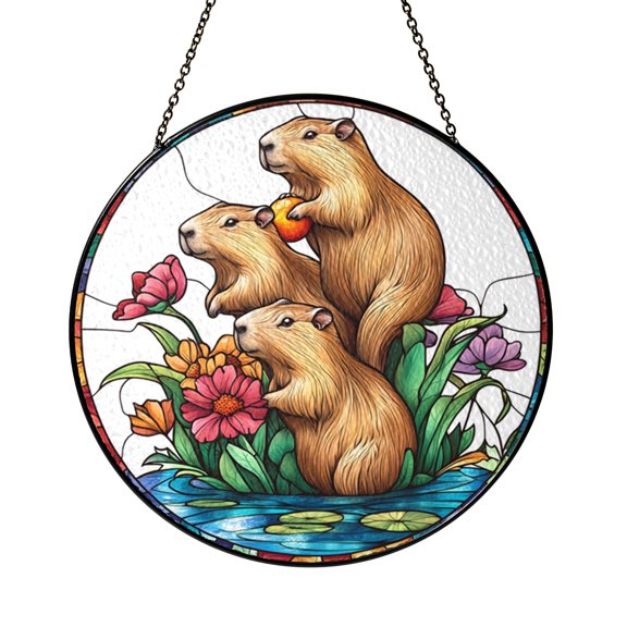 Stained Glass Capybara Group Window Decor – Wildlife Inspired Hanging Panel