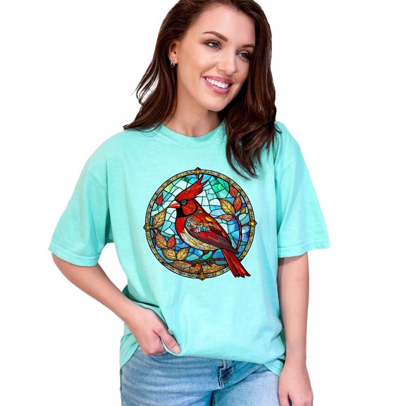 Stained Glass Cardinal Bird Art T-Shirt, Beautiful Red Bird Tee, Nature Lover Gift, Unique Bird Watching Apparel, Artistic Bird Design, Chalky Mint Comfort Colors T-Shirt, 3XL