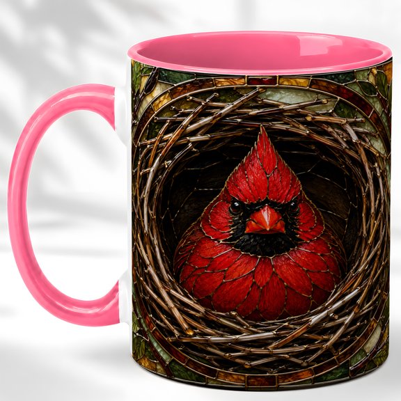 Stained Glass Cardinal Coffee Mug, Bird Nest Mug, Ceramic 11 oz
