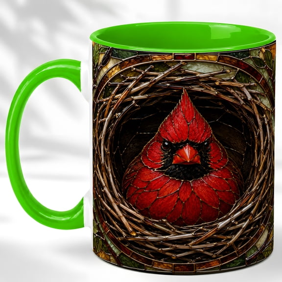 Stained Glass Cardinal Coffee Mug, Bird Nest Mug, Ceramic 11 oz