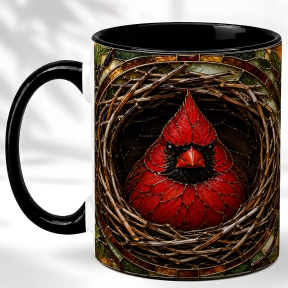 Stained Glass Cardinal Coffee Mug, Bird Nest Mug, Ceramic 11 oz