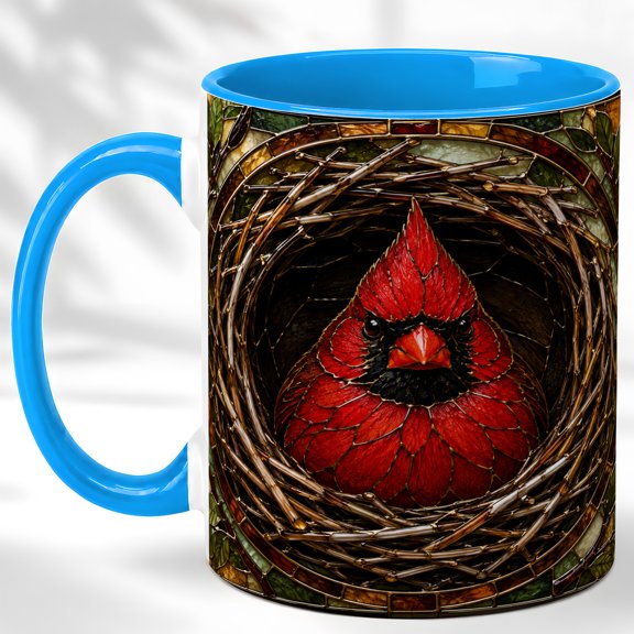 Stained Glass Cardinal Coffee Mug, Bird Nest Mug, Ceramic 11 oz