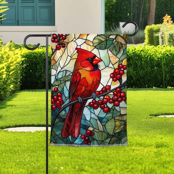 Stained Glass Cardinal Garden Flag For Bird Lovers, Red Bird Yard Banner, Winter Berry Branch Outdoor Decor, Memorial Flag Gift
