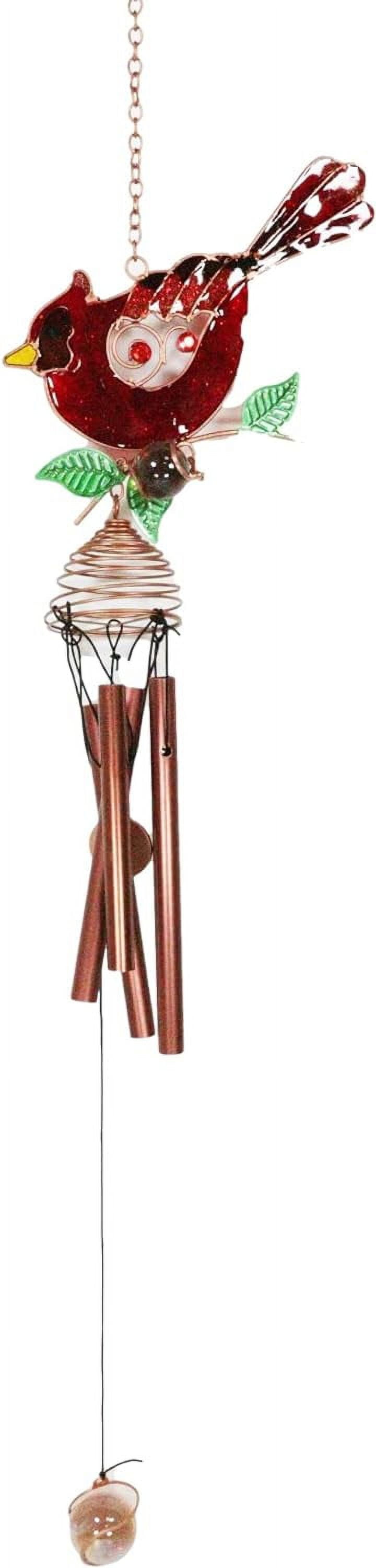 Stained Glass Cardinal Perching On Twig Branch Copper Metal Wind Chime