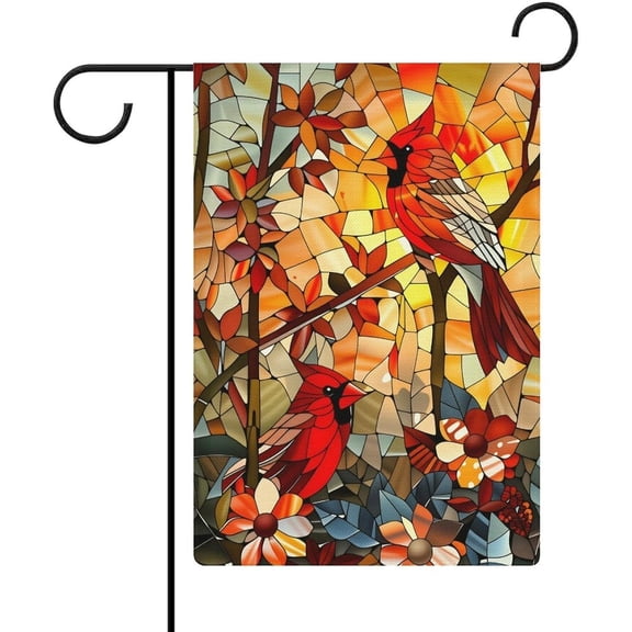 Stained Glass Cardinal Red Birds Style Garden Flag 12 x 18 Inch Double Sided Linen Outdoor Decor