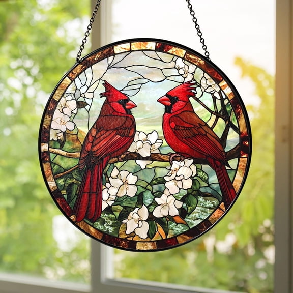 Stained Glass Cardinal Suncatcher | Red Bird Window Hanging with White Flowers | Memorial Gift, Rustic Farmhouse Home Dcor
