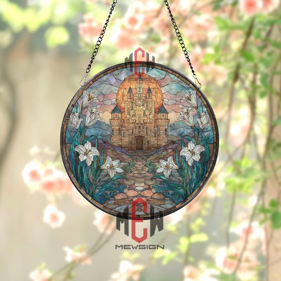 Stained Glass Castle Suncatcher, Round Fantasy Window Panel with Lilies, Medieval Fortress Glass Art Decor for Home and Garden