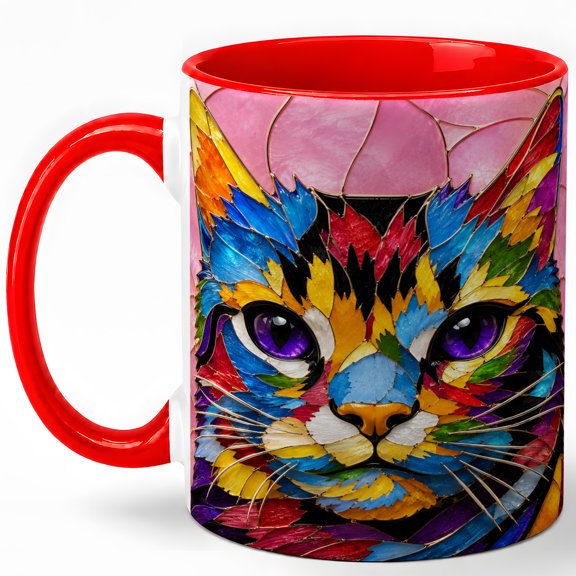 Stained Glass Cat Coffee Mug, Rainbow Pet Mug, Ceramic 11 oz