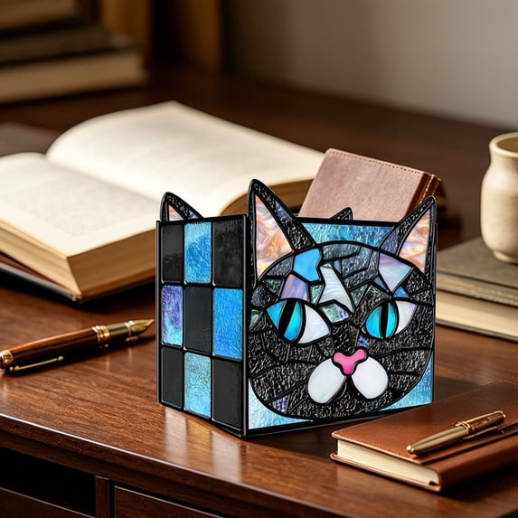 Stained Glass Cat Flower Pot,Handmade Cute Pots for Plants, Room and Office Decoration Glass Container Storage,Indoor Plant Pots with Drainage,Plant Gifts