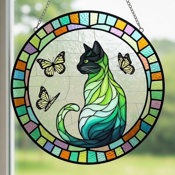 Stained Glass Cat Garden Suncatcher, 20 Inch Handmade Hanging Ornament Pre-Tied Ribbon Cute Window Garden Car Decor