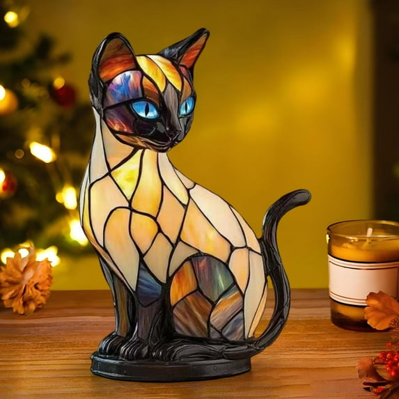 Stained Glass Cat Lamp, Shaped Resin Novelty Table Light For Home Decor