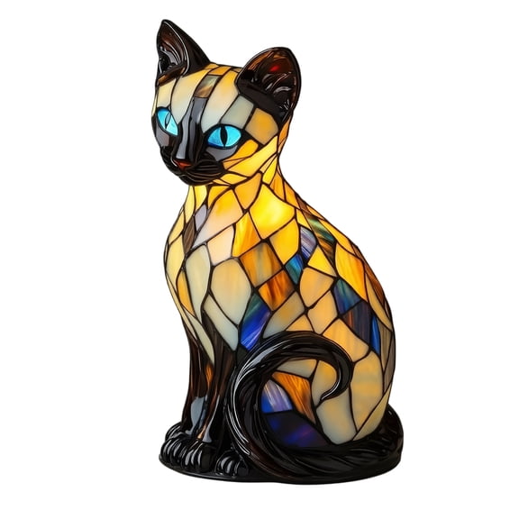 Stained Glass Cat Lamp Cat Night Light Decorative Accent Lamp for Gothic Home Decor Spooky Halloween Decor Cat Decor for Home Living Room Table Decor One Piece Resin Base