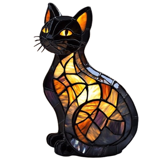 Stained Glass Cat Lamp, Retro Cat Stained Resin Table Lamp, Tabletop Night Light, Warm Ambient Glow, Fun Gift for Cat Lovers