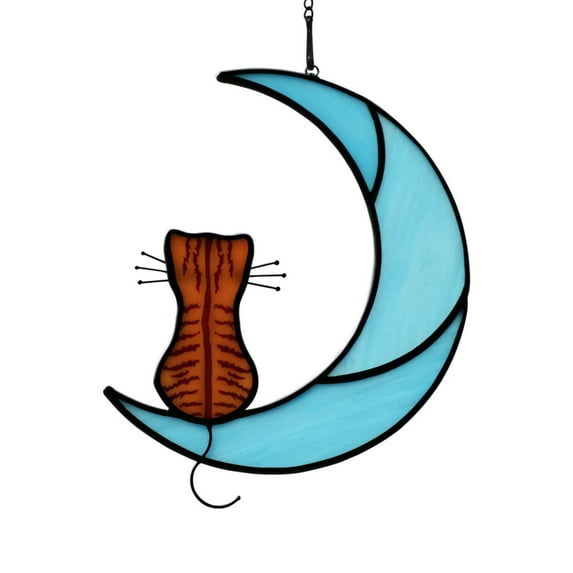 Stained Glass Cat on Moon Gifts,Sleeping Cat Gifts for Cat Lovers,Handcrafted Grey Cat Suncatchers for Stained Glass Window Hangings,Funny Cat Themed Gifts for Girls,Mom or Women
