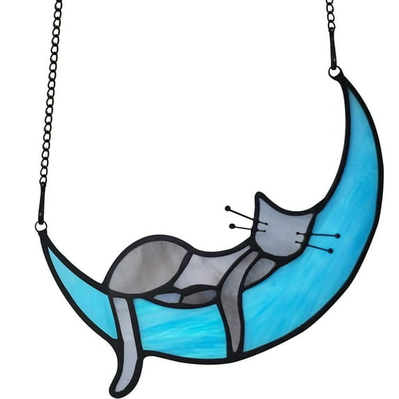 Stained Glass Cat on Moon Gifts,Sleeping Cat Gifts for Cat Lovers,Handcrafted Grey Cat Suncatchers for Stained Glass Window Hangings,Funny Cat Themed Gifts for Girls,Mom or Women
