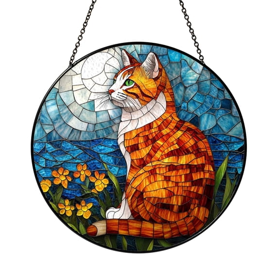 Stained Glass Cat Panel Orange White Tabby Window Decor Hanging Cheerful Feline Art