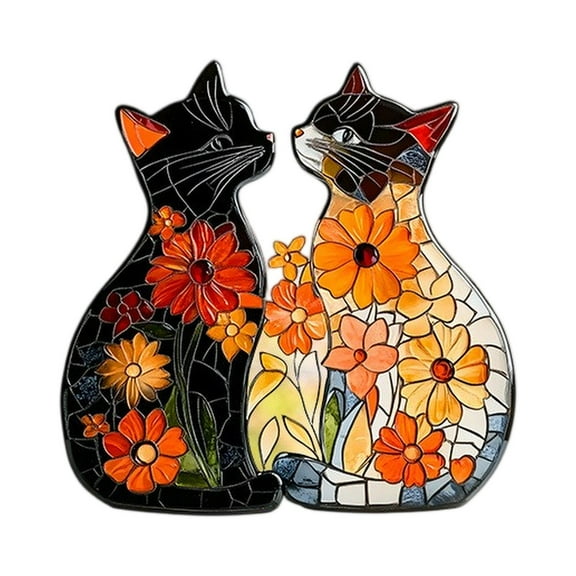 Stained Glass Cat Suncatcher, Handmade Cat Lovers Gift, Colorful Floral Window Hanging Decoration for Home Decor, Unique Art Ornament for Living Room, Bedroom, Office, Pet Memorial, 8 Inches