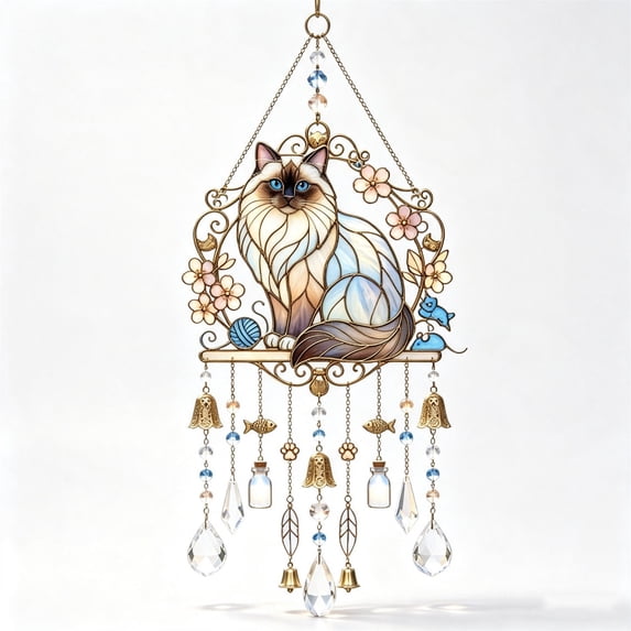 Stained Glass Cat Wind Chime, Bohemian Acrylic Suncatcher Wind Chime, Garden Chimes Window Light Catcher for Garden Porch Patio Balcony Tree Yard (1PC, A)