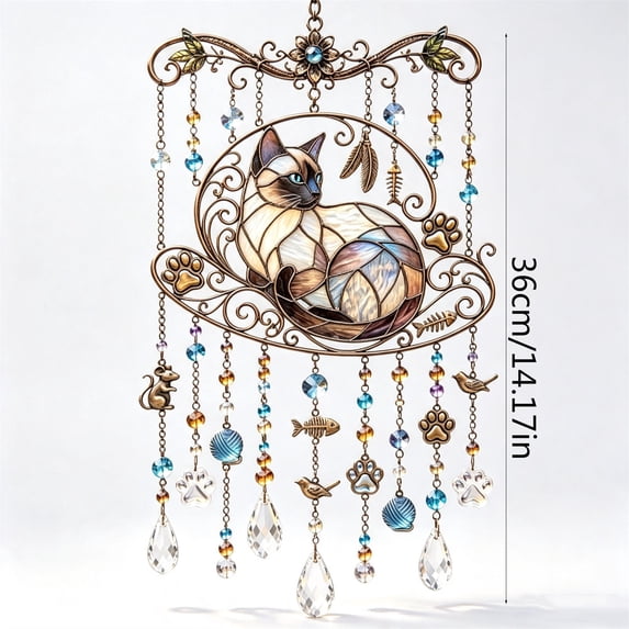 Stained Glass Cat Wind Chime, Bohemian Acrylic Suncatcher Wind Chime, Garden Chimes Window Light Catcher for Garden Porch Patio Balcony Tree Yard (1PC, B)