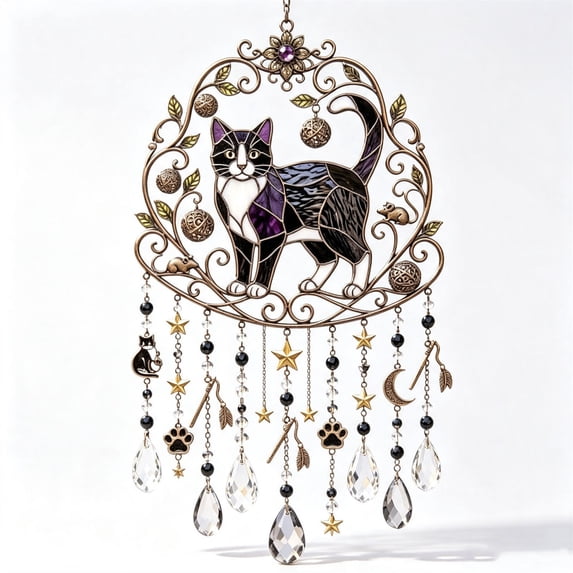 Stained Glass Cat Wind Chime, Bohemian Acrylic Suncatcher Wind Chime, Garden Chimes Window Light Catcher for Garden Porch Patio Balcony Tree Yard (1PC, D)