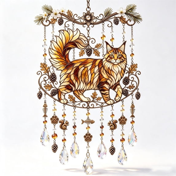 Stained Glass Cat Wind Chime, Bohemian Acrylic Suncatcher Wind Chime, Garden Chimes Window Light Catcher for Garden Porch Patio Balcony Tree Yard (1PC, F)