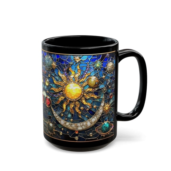 Stained Glass Celestial Mug: Sun, Moon & Stars Space Lover Gift Black Ceramic