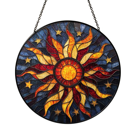 Stained Glass Celestial Sun Suncatcher Window Hanging, Starry Night Sky Inspired Window Art