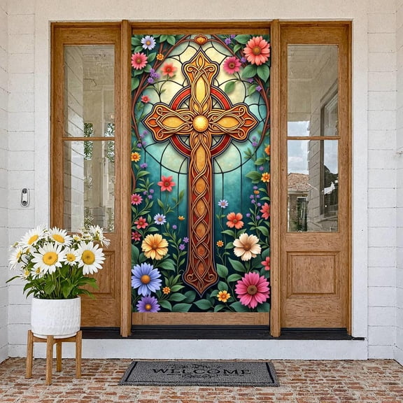 Stained Glass Celtic Cross Banner Celtic Religious Display Floral Decorated Golden Cross Christian Backdrop for Church Events Religious Ceremonies Easter Celebrations