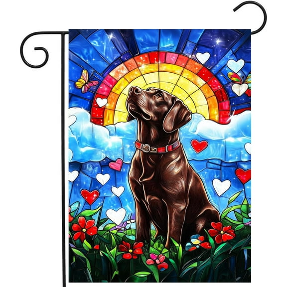 Stained Glass Chocolate Lab Garden Flag for Outside 12x18 Double Sided Rainbow Bridge Labrador Dog Bereavement Pet Sympathy Gift Memorial Yard Banner Small