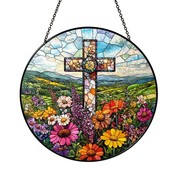 Stained Glass Christian Cross Suncatcher Window Hanging, Peaceful Home Window Decor