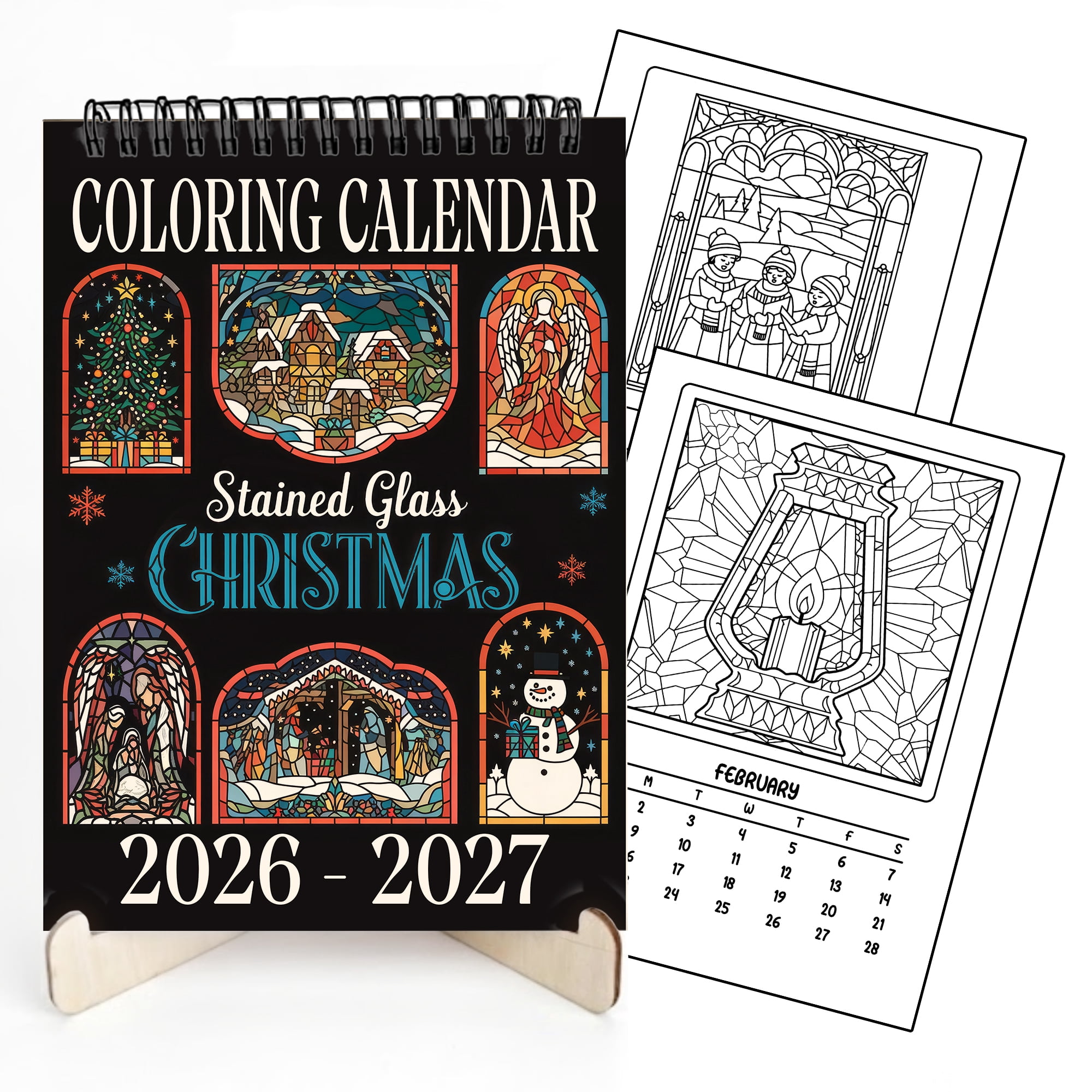 Stained Glass Christmas Coloring Desk Calendar 2026–2027, A5 Wooden Cover Planner with 26 Easy Coloring Pages for Adult Relaxation, 24 Month Desktop Calendar with Stand, Gift for Family & Friends