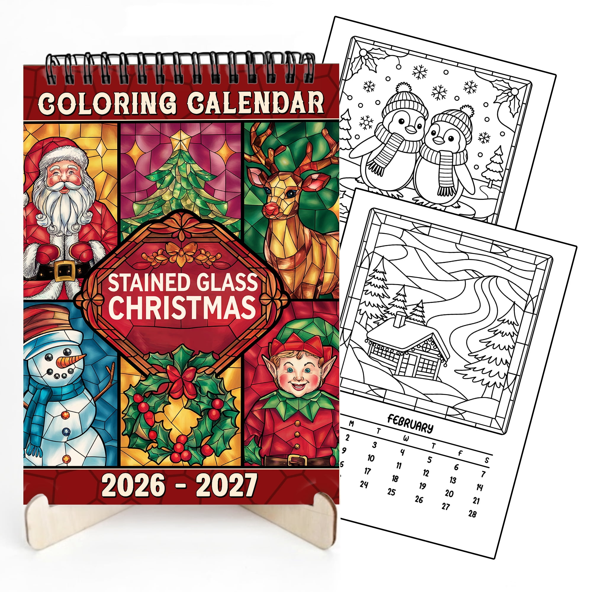 Stained Glass Christmas Coloring Desk Calendar 2026–2027, A5 Wooden Cover Planner with 26 Easy Coloring Pages for Adult Relaxation, 24 Month Desktop Calendar with Stand, Gift for Family & Friends