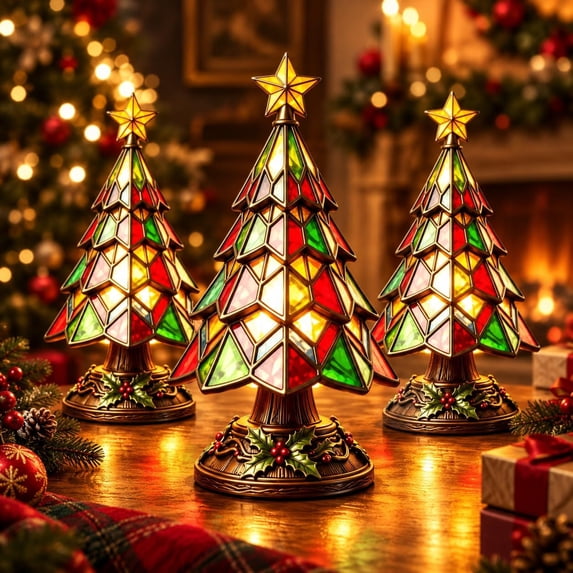 Tree Led Night Light Stained Glass Christmas Tree Lamp, Vintage Tiffany Style Night Light ...
