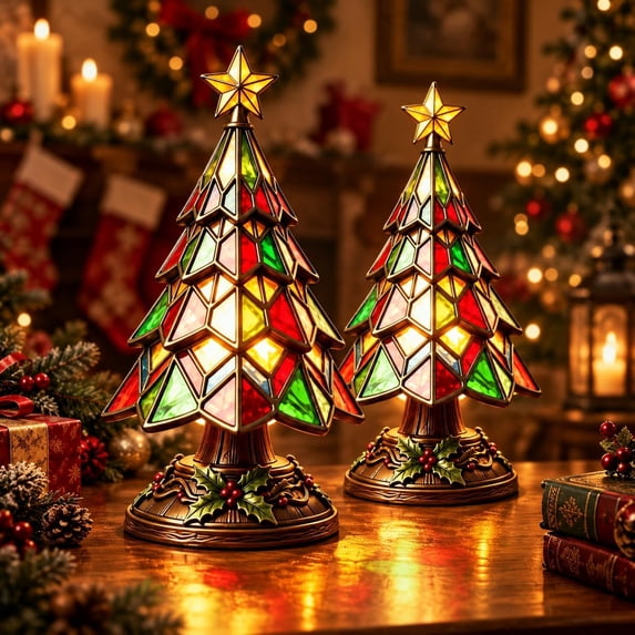 Tree Led Night Light Stained Glass Christmas Tree Lamp,Vintage Tiffany Style Table Night ...