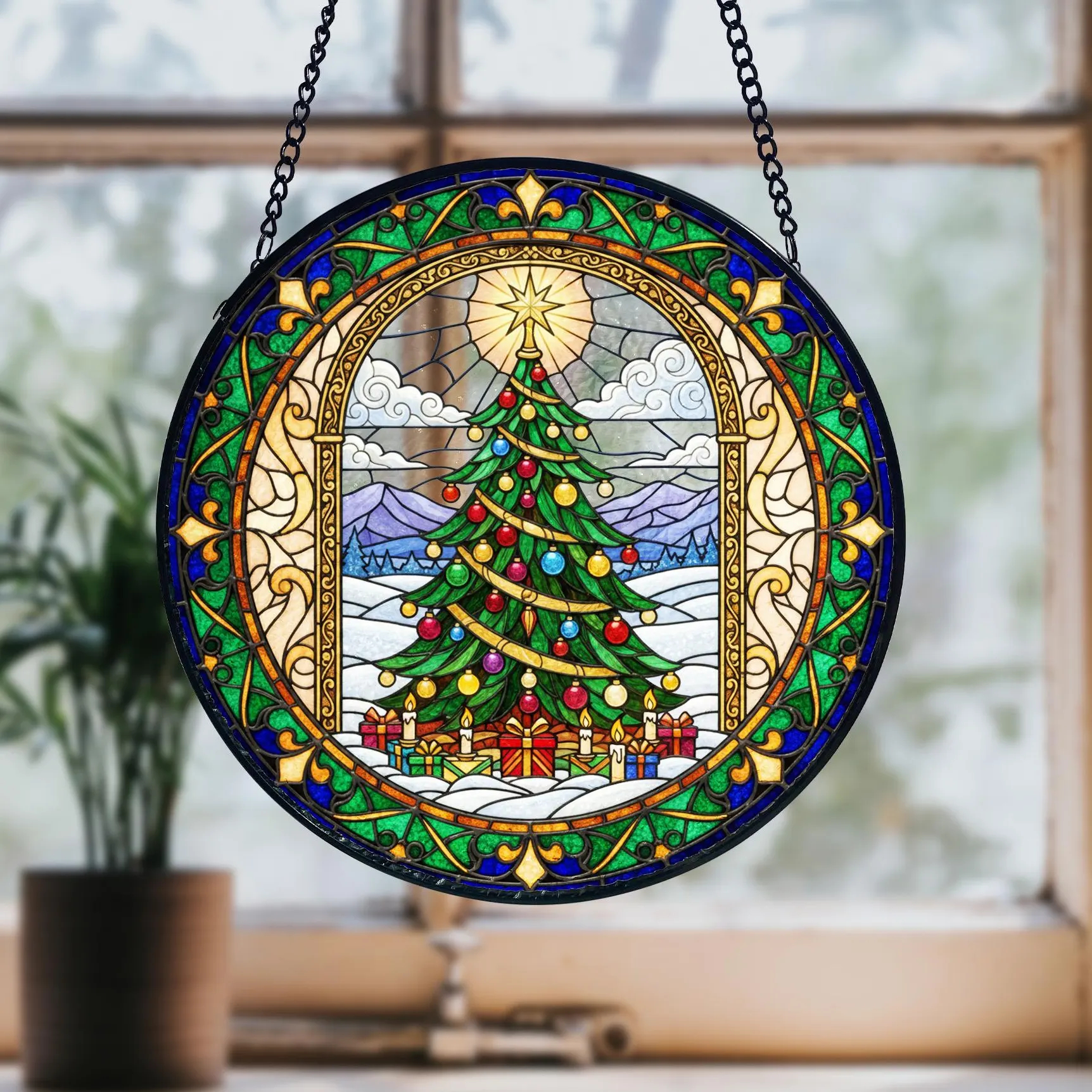 Stained Glass Christmas Tree Suncatcher_ Cathedral Window Holiday Decor ...