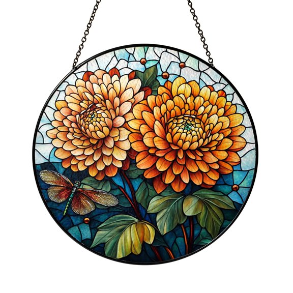 Stained Glass Chrysanthemum Window Decor Featuring Layered Petals, Elegant Floral Hanging Art Panel