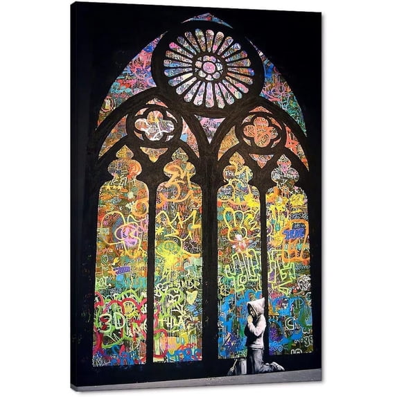 Stained Glass Church Graffiti Wall Art Praying Boy In Cathedral Canvas Picture Art Print Poster and Print Wall Decor for Living Room Modern Home Decor Framed Easy to Hang(12''W x 18''H)