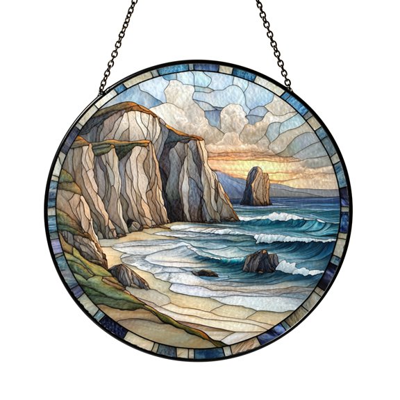 Stained Glass Coastal Cliff Panel, Ocean View Window Hanging, Colorful Coastal Home Accent, Perfect Gift for Mom or Garden Lovers