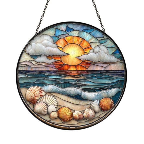 Stained Glass Coastal Ocean Suncatcher, Sunrise Over Sea Shells Window Hanging Decor, Nautical Beach Wave Sun Catcher for Home Window
