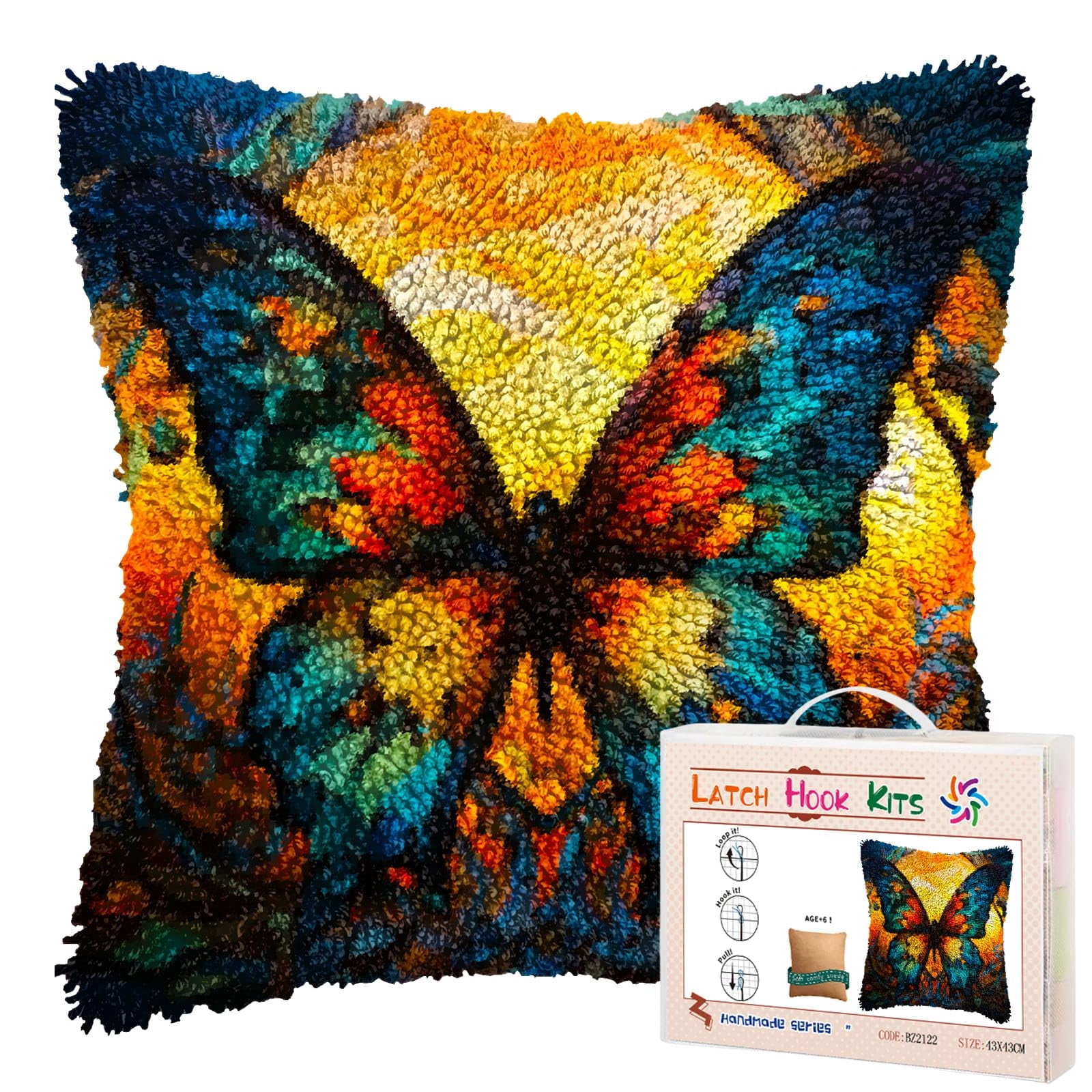 Stained Glass Colorful Butterfly DIY Latch Hook Pillow Kits for Adults Printed Pillowcase Crochet Yarns Hooking Handmade Pillow Cover Cushion for Home Sofa Decoration 17x17inch(2)