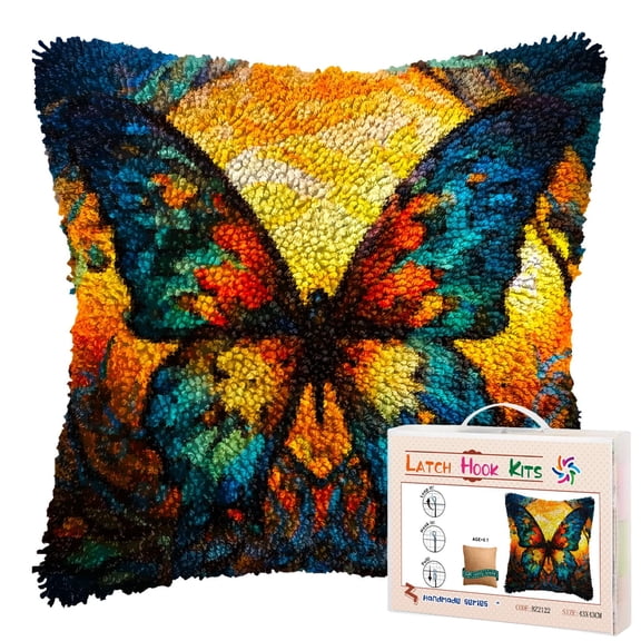 Stained Glass Colorful Butterfly DIY Latch Hook Pillow Kits for Adults Printed Pillowcase Crochet Yarns Hooking Handmade Pillow Cover Cushion for Home Sofa Decoration 17x17inch(2)