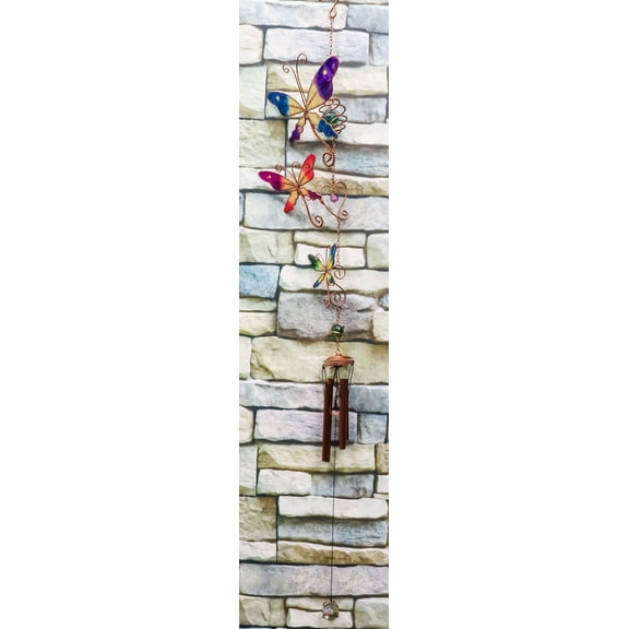 Stained Glass Colorful Three Butterflies Copper Metal Wind Chime 40"Long Decor