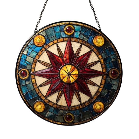 Stained Glass Compass Suncatcher Window Hanging Featuring Compass Rose Design Decorative Glass Art for Home Interior Window Display
