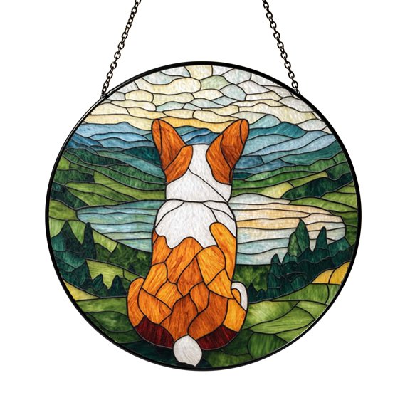 Stained Glass Corgi Reflection Suncatcher Window Hanging, Artistic Dog Theme Window Decor for Home