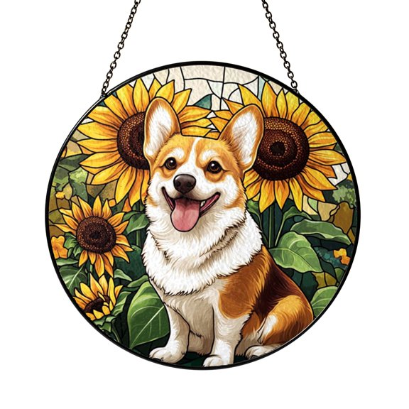 Stained Glass Corgi Window Hanging with Sunflower Design, Playful Garden Style Home Accent