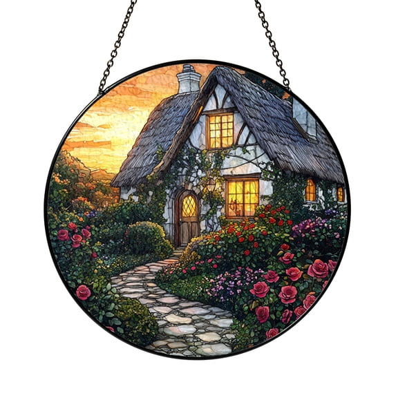Stained Glass Cottage Window Hanging, English Countryside Style Gift for Mom